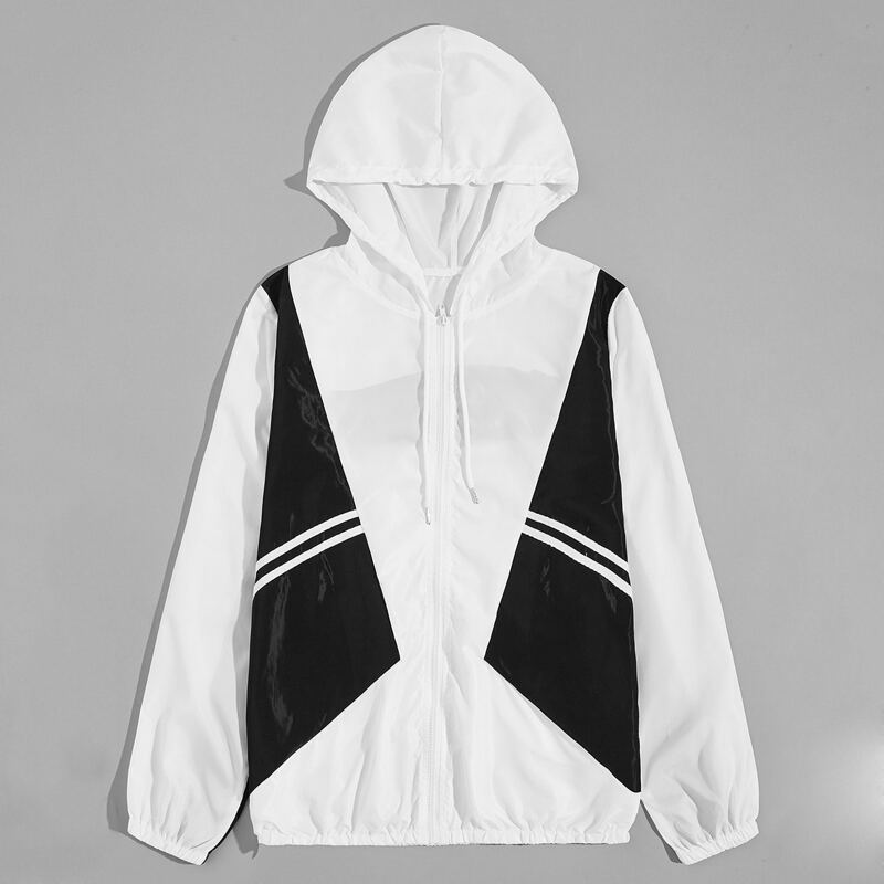 

Guys Color-block Striped Tape Panel Hooded Windbreaker Jacket, Black and white