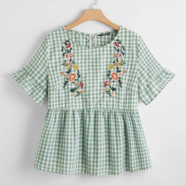 

Plus Floral Embroidered Ruffle Cuff and Hem Buffalo Plaid Top, Mint green