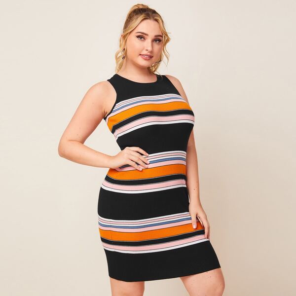 

Plus Striped Sleeveless Bodycon Sweater Dress, Multicolor
