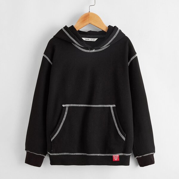 

Boys Contrast Stitch Detail Drop Shoulder Pocket Front Hoodie, Black
