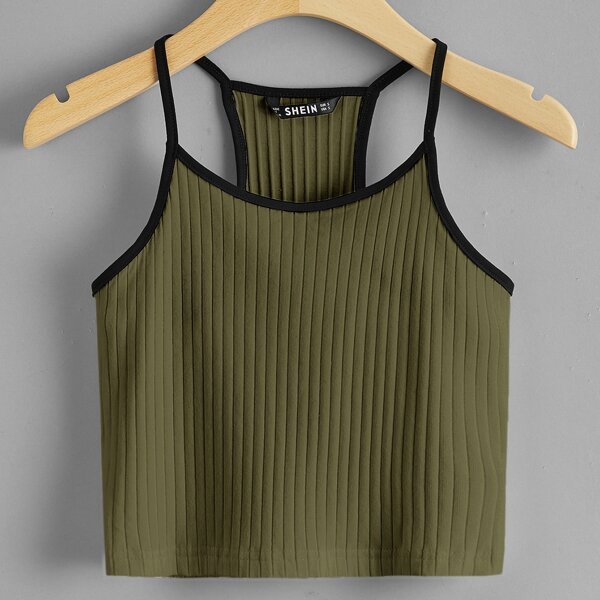

Contrast Binding Rib-knit Cami Top, Army green