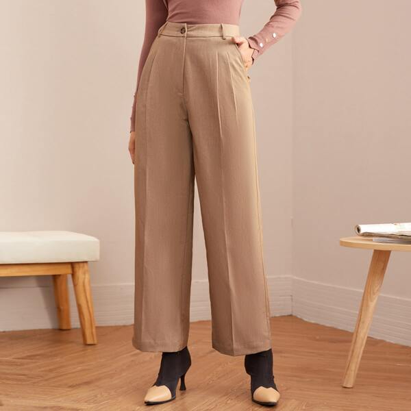 

Fold Pleated Detail Slant Pocket Tailored Pants, Apricot