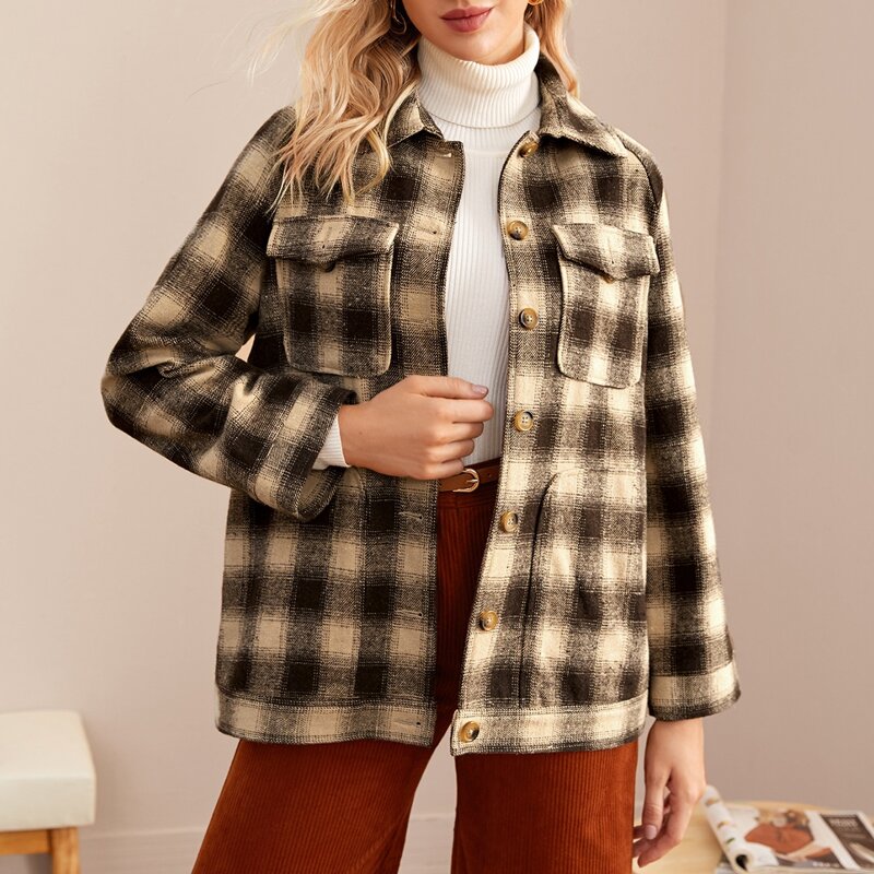 

Flap Pocket Front Raglan Sleeve Plaid Coat Without Bag, Multicolor