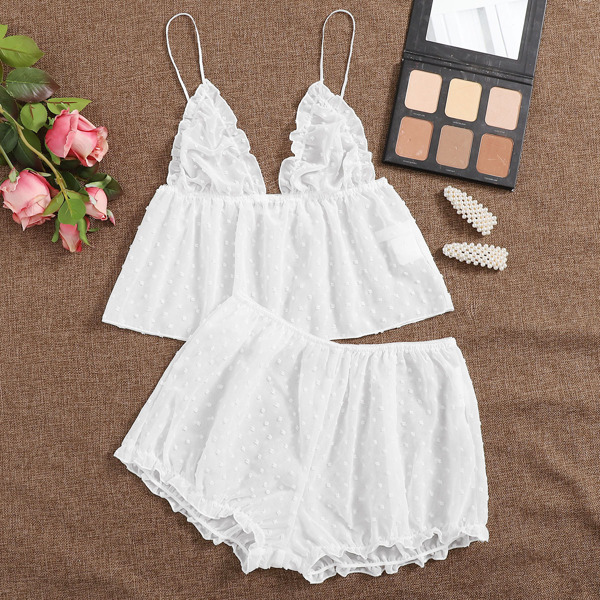 

Swiss Dot Chiffon Frill Trim Lingerie Set, White
