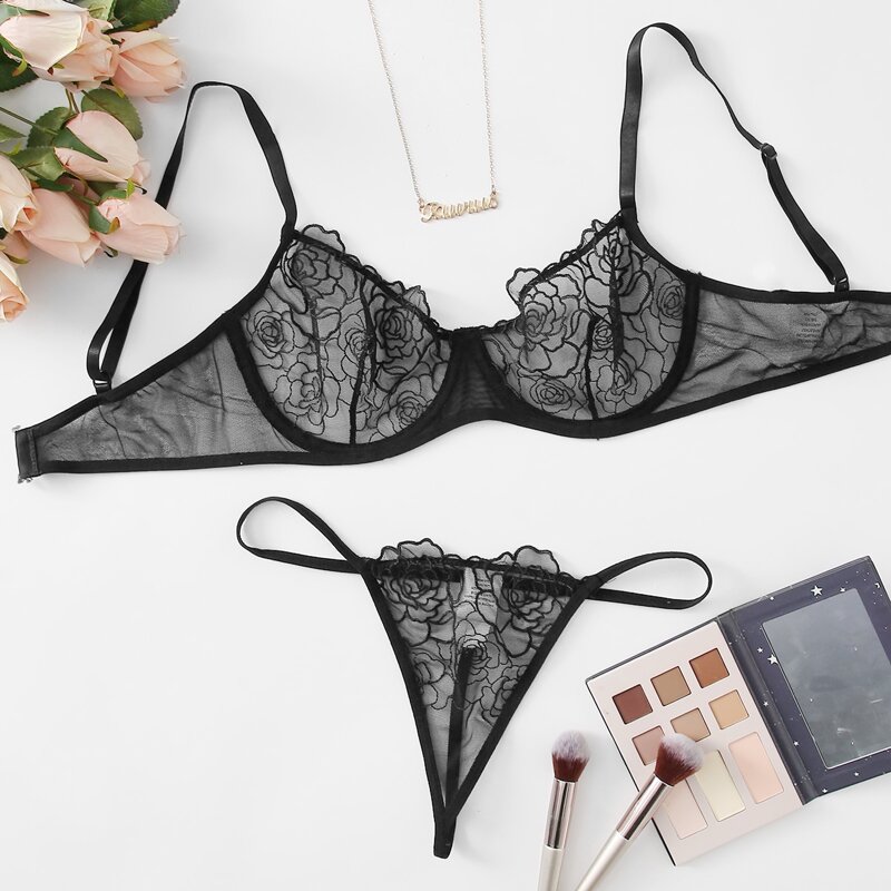 

Embroidered Mesh Underwire Lingerie Set, Black