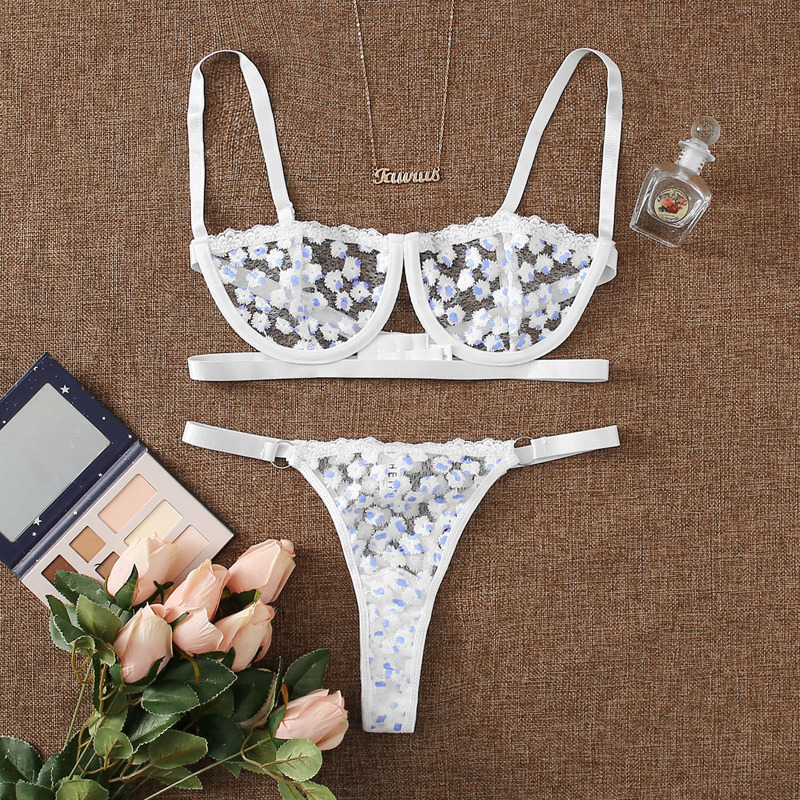 

Embroidery Mesh Underwire Lingerie Set, White