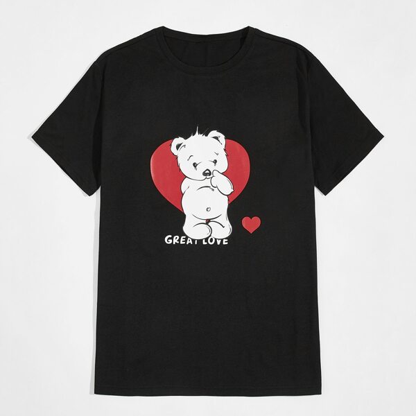 

Men Bear And Heart Print Tee, Black