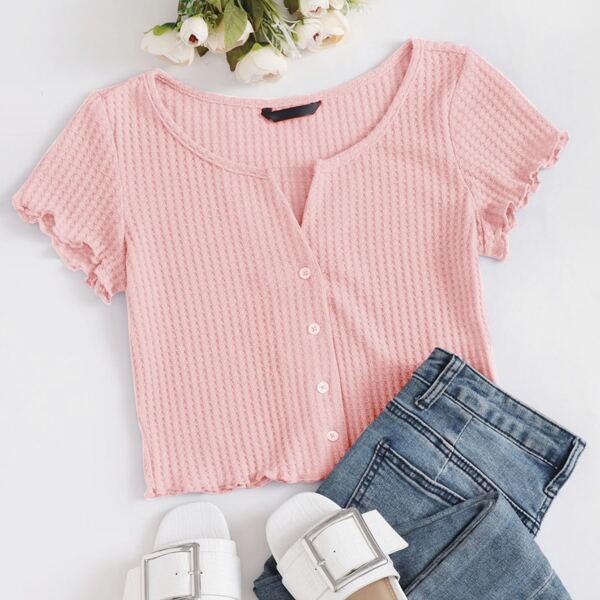 

Lettuce Edge Button Front Waffle Knit Top, Pastel baby pink