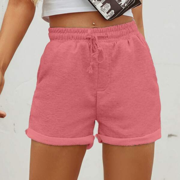 

Drawstring Rolled Hem Shorts, Watermelon pink