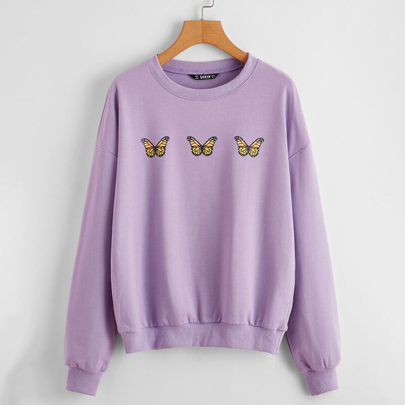 

Butterfly Print Drop Shoulder Pullover, Lilac purple