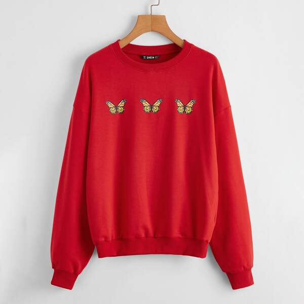 

Butterfly Print Drop Shoulder Pullover, Red bright