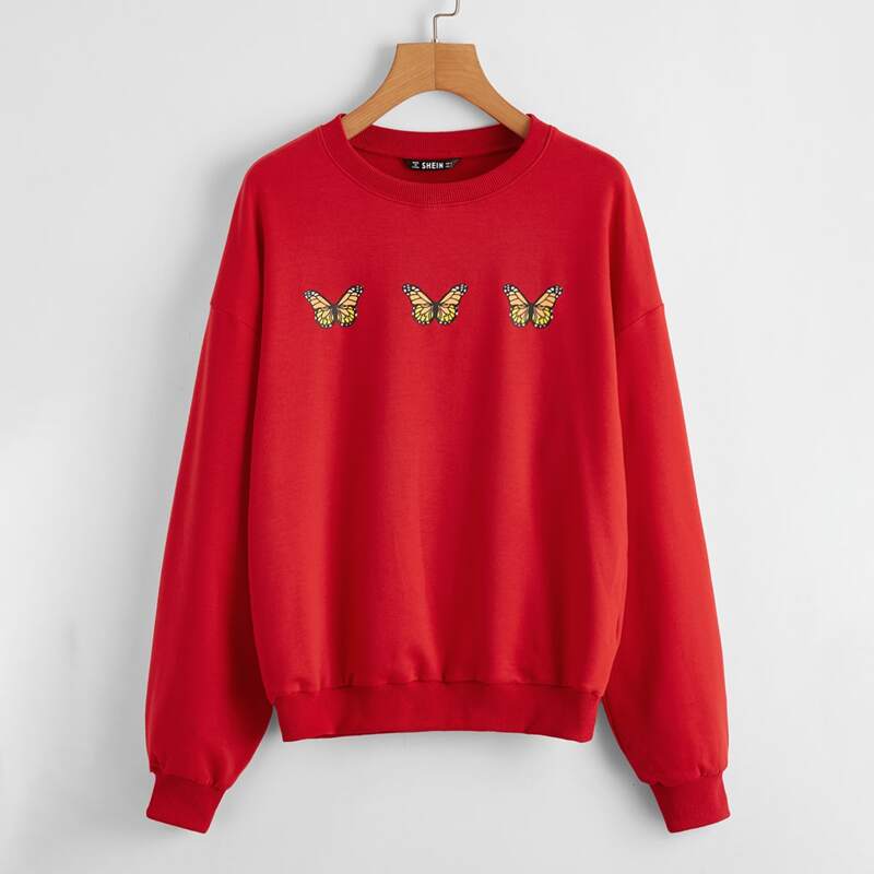 

Butterfly Print Drop Shoulder Pullover, Red bright