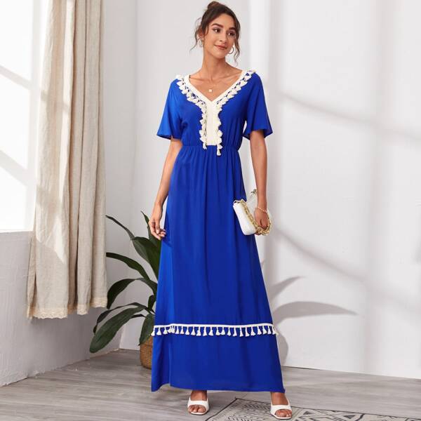 

Fringe Trim A-Line Maxi Dress, Royal blue