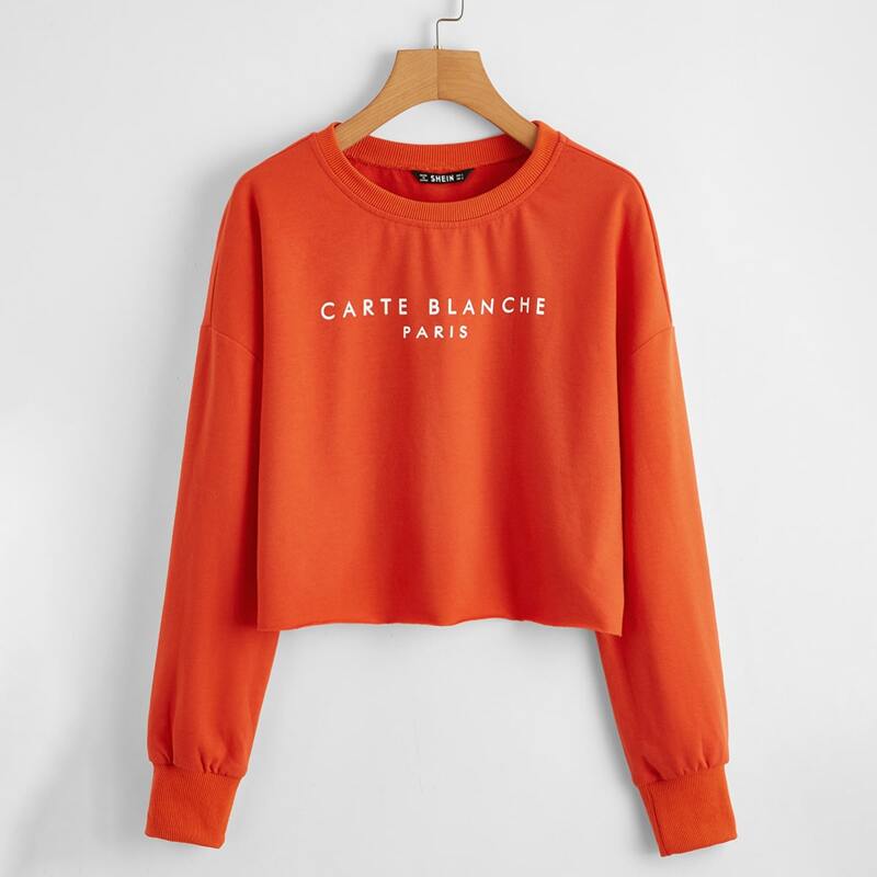 

Slogan Graphic Drop Shoulder Crop Pullover, Orange bright