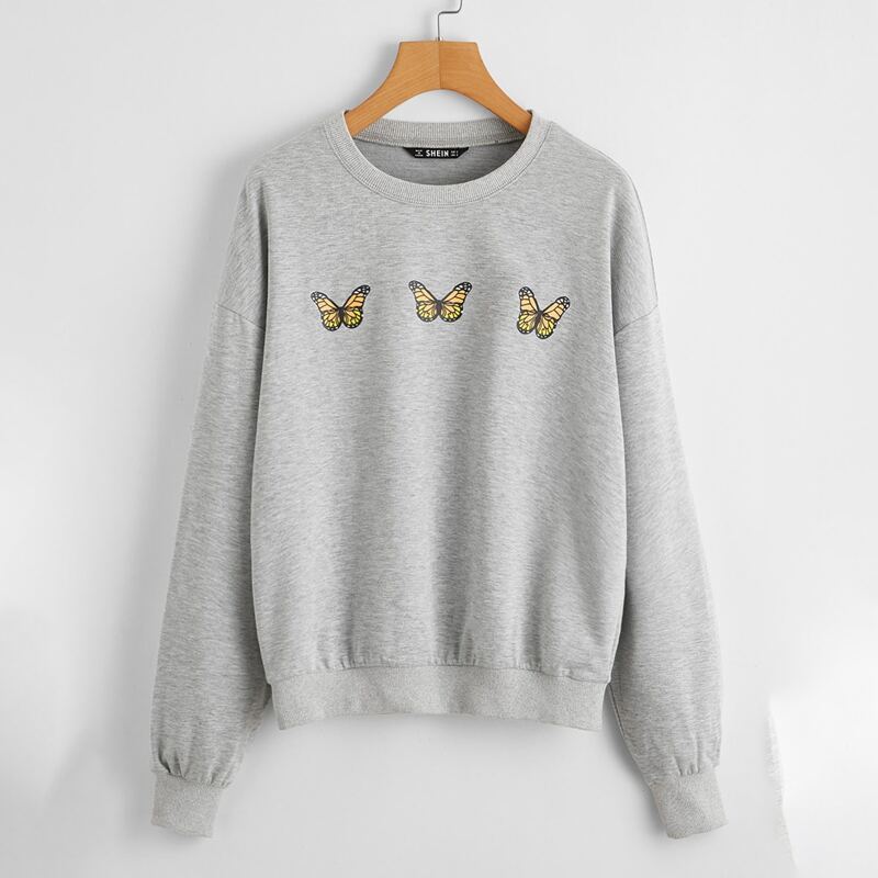 

Butterfly Print Drop Shoulder Pullover, Light grey