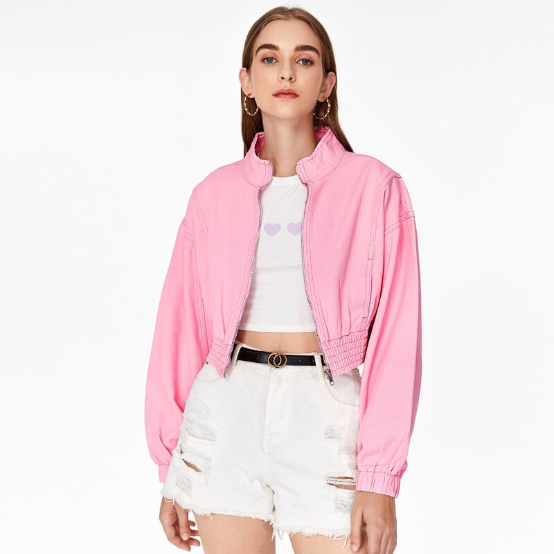 

Zip Up Shirred Hem Denim Jacket, Pink