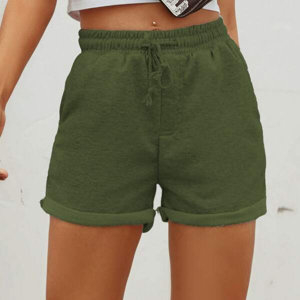 

Drawstring Rolled Hem Shorts, Army green