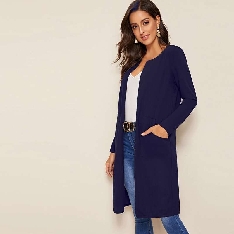 

Pocket Front Open Placket Solid Coat, Navy blue