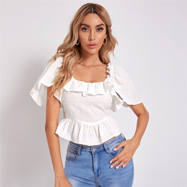 

Ruffle Trim Low Back Swiss Dot Top, White