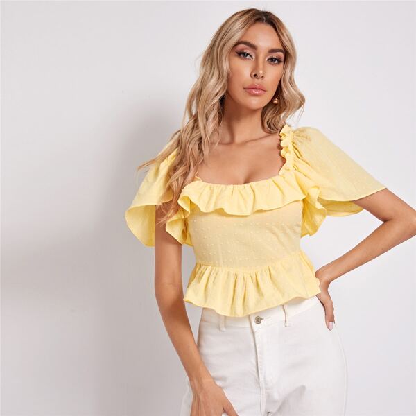 

Ruffle Trim Low Back Swiss Dot Top, Yellow