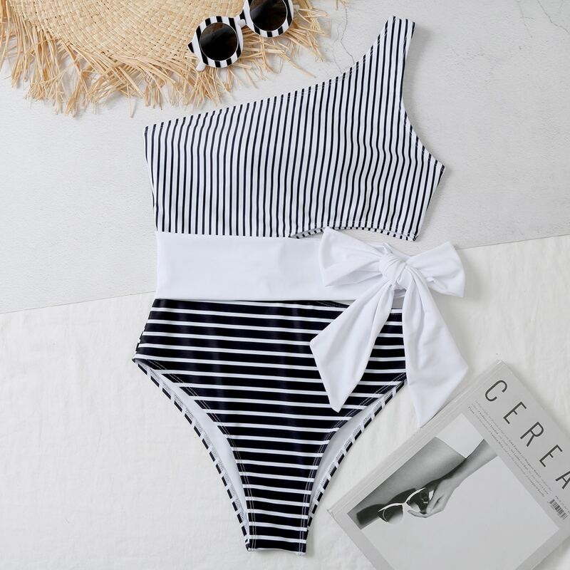 

Striped Knot Side One Shoulder One Piece Swimsuit, Black and white