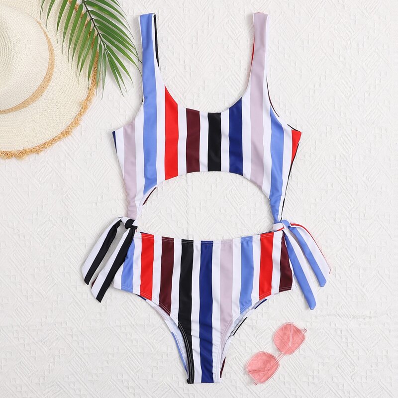 

Striped Cut-out Tie Side One Piece Swimsuit, Multicolor