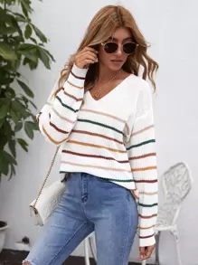 SHEIN LUNE Drop Shoulder Striped Jumper - White - View 1