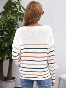 SHEIN LUNE Drop Shoulder Striped Jumper - White - View 2