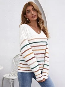 SHEIN LUNE Drop Shoulder Striped Jumper - White - View 3