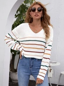 SHEIN LUNE Drop Shoulder Striped Jumper - White - View 5