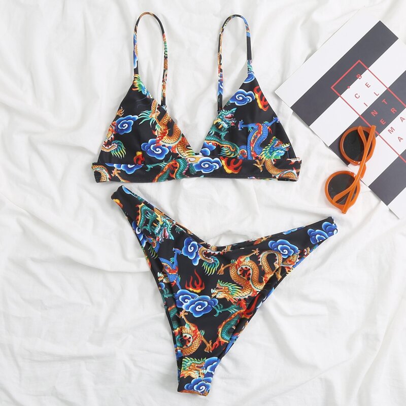 

Chinese Dragon Print Triangle Bikini Swimsuit, Multicolor