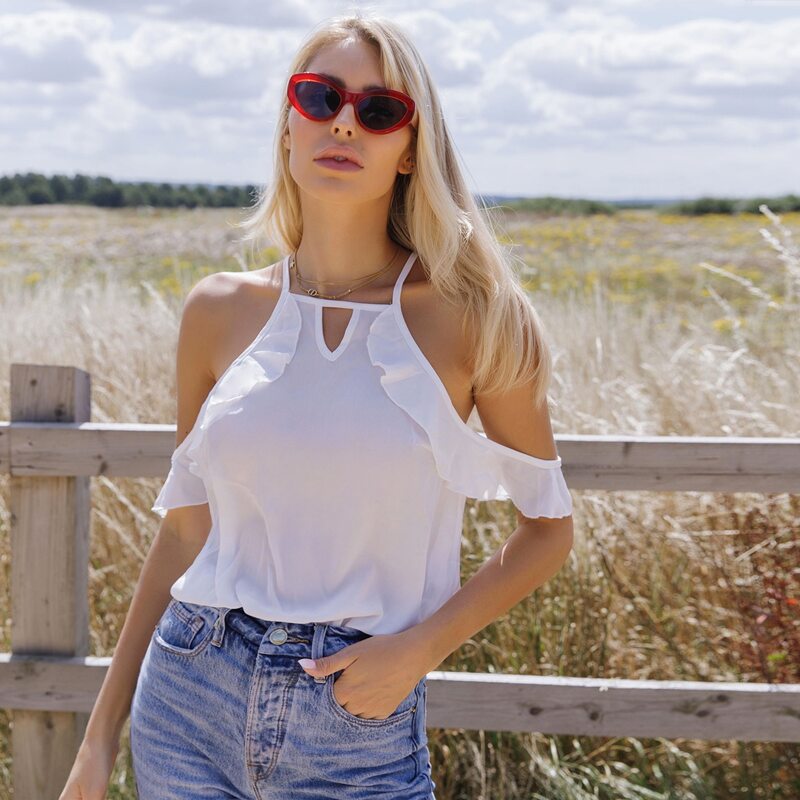 

Cold Shoulder Ruffle Detail Solid Top, White