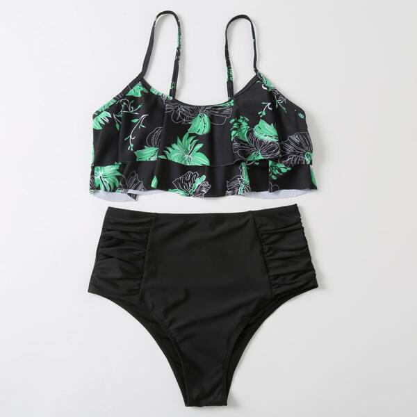 

Tropical Ruffle High Waisted Bikini Swimsuit, Black