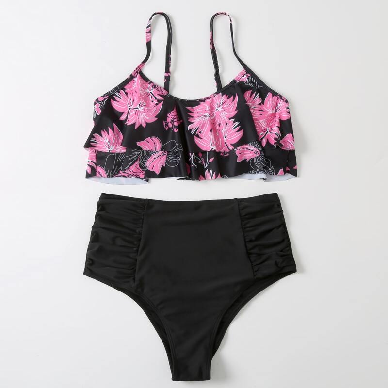 

Tropical Ruffle High Waisted Bikini Swimsuit, Black