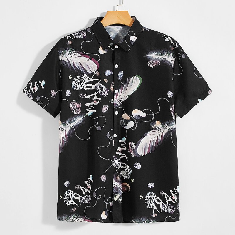 

Guys Feather & Letter Graphic Shirt, Black