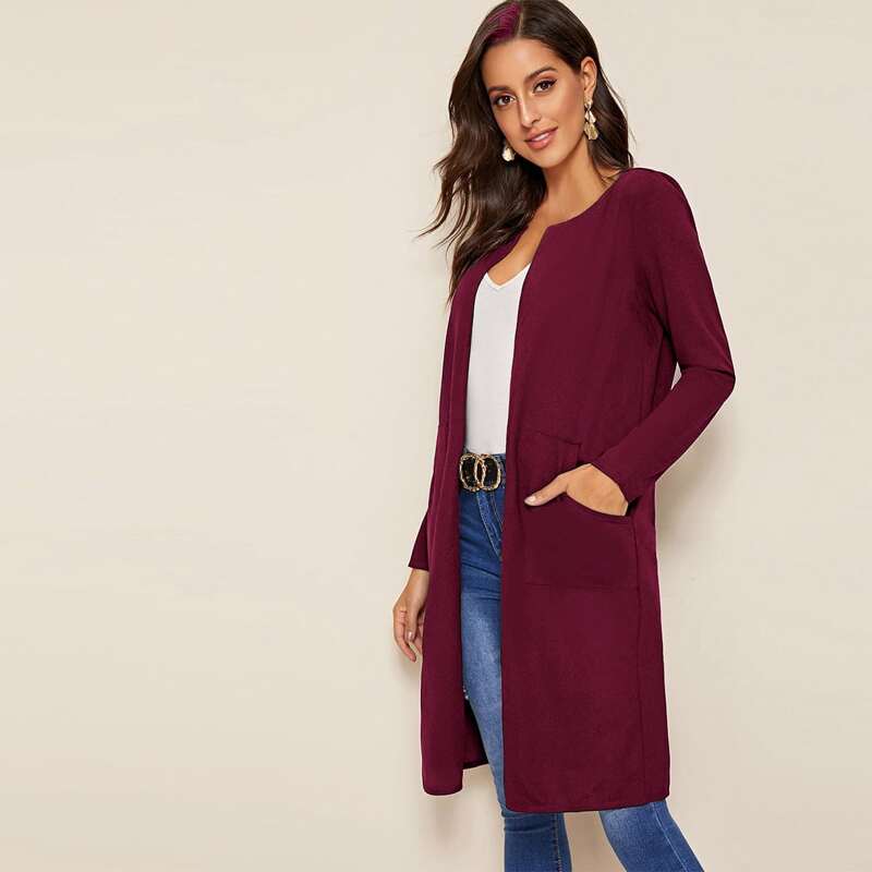 

Pocket Front Open Placket Solid Coat, Maroon