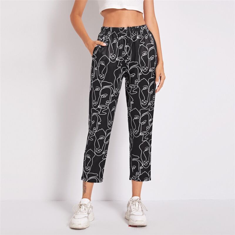 

Slant Pocket Allover Figure Graphic Pants, Black