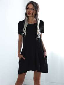 SHEIN LUNE 素色傾斜口袋T恤洋裝 - 黑色 - 查看 3