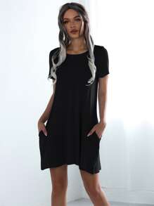 SHEIN LUNE 素色傾斜口袋T恤洋裝 - 黑色 - 查看 5