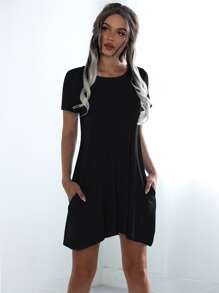 SHEIN LUNE 素色傾斜口袋T恤洋裝 - 黑色 - 查看 6