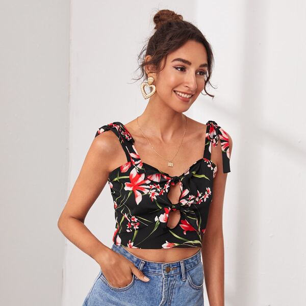 

Knot Straps Cut-out Tie Front Floral Crop Top, Black