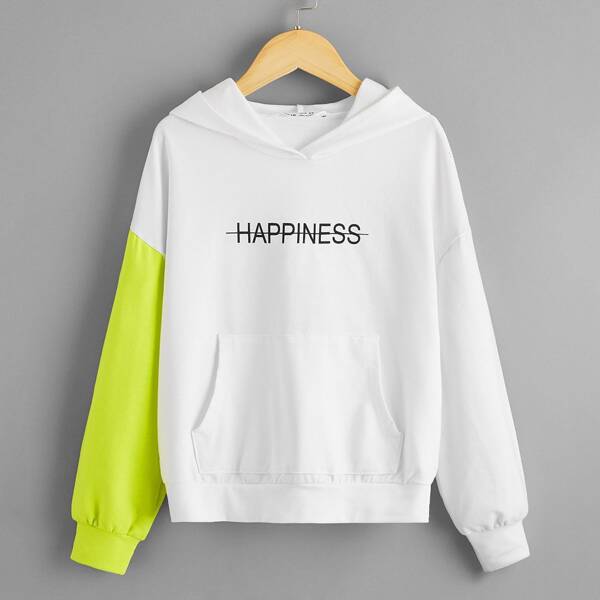 

Girls Letter Graphic Contrast Sleeve Hoodie, White