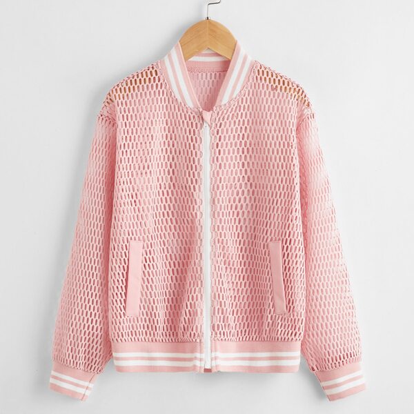 

Girls Striped Trim Sport Mesh Bomber Jacket, Pastel baby pink
