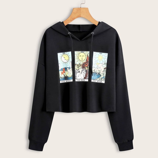 

Graphic Print Drawstring Crop Hoodie, Black