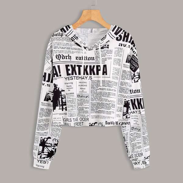 

Newspaper Print Drawstring Hoodie, Black and white