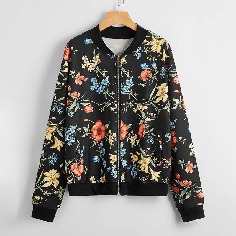 

Allover Floral O-ring Zipper Bomber Jacket, Multicolor