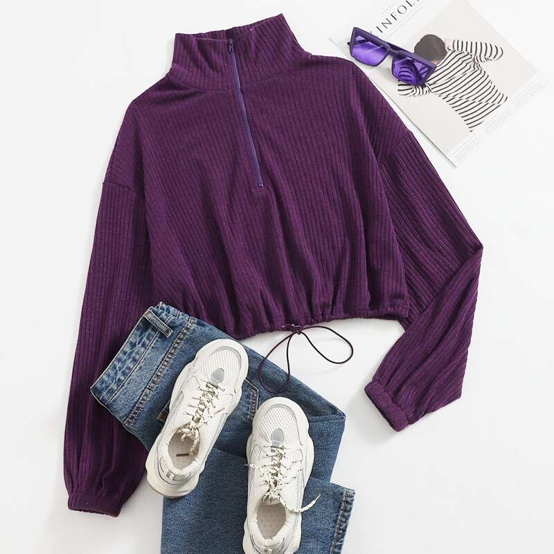

Collared Zip Up Drawstring Hem Rib-knit Pullover, Purple