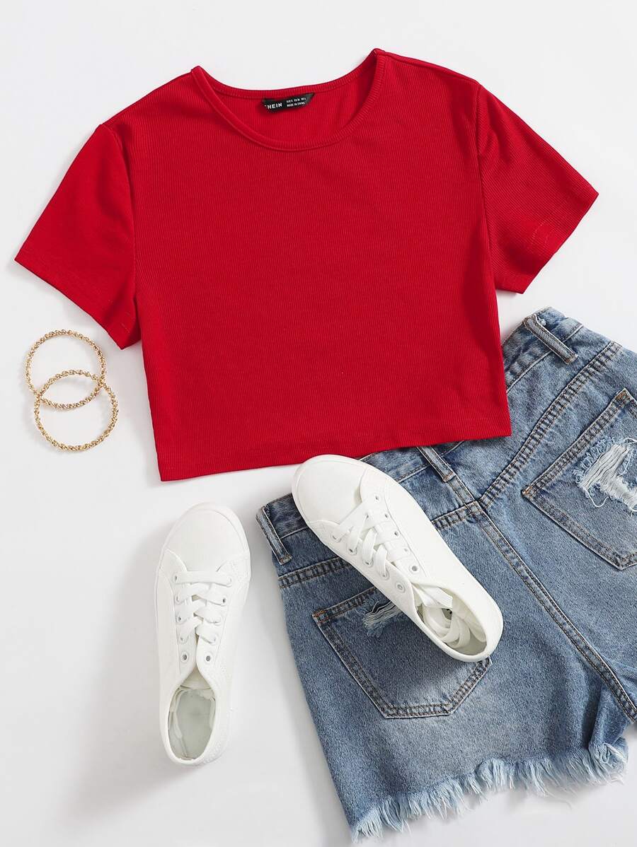 SHEIN EZwear Solid Rib-knit Crop Tee - Red - View 1