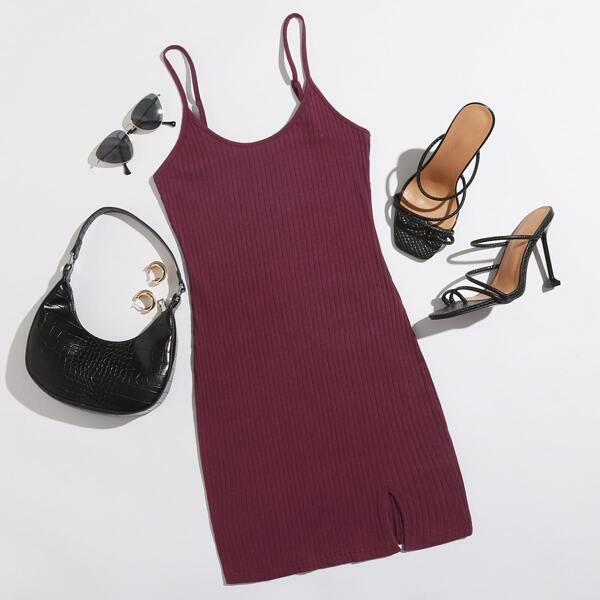 

Split Hem Rib-knit Bodycon Dress, Maroon