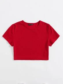 SHEIN EZwear Solid Rib-knit Crop Tee - Red - View 3